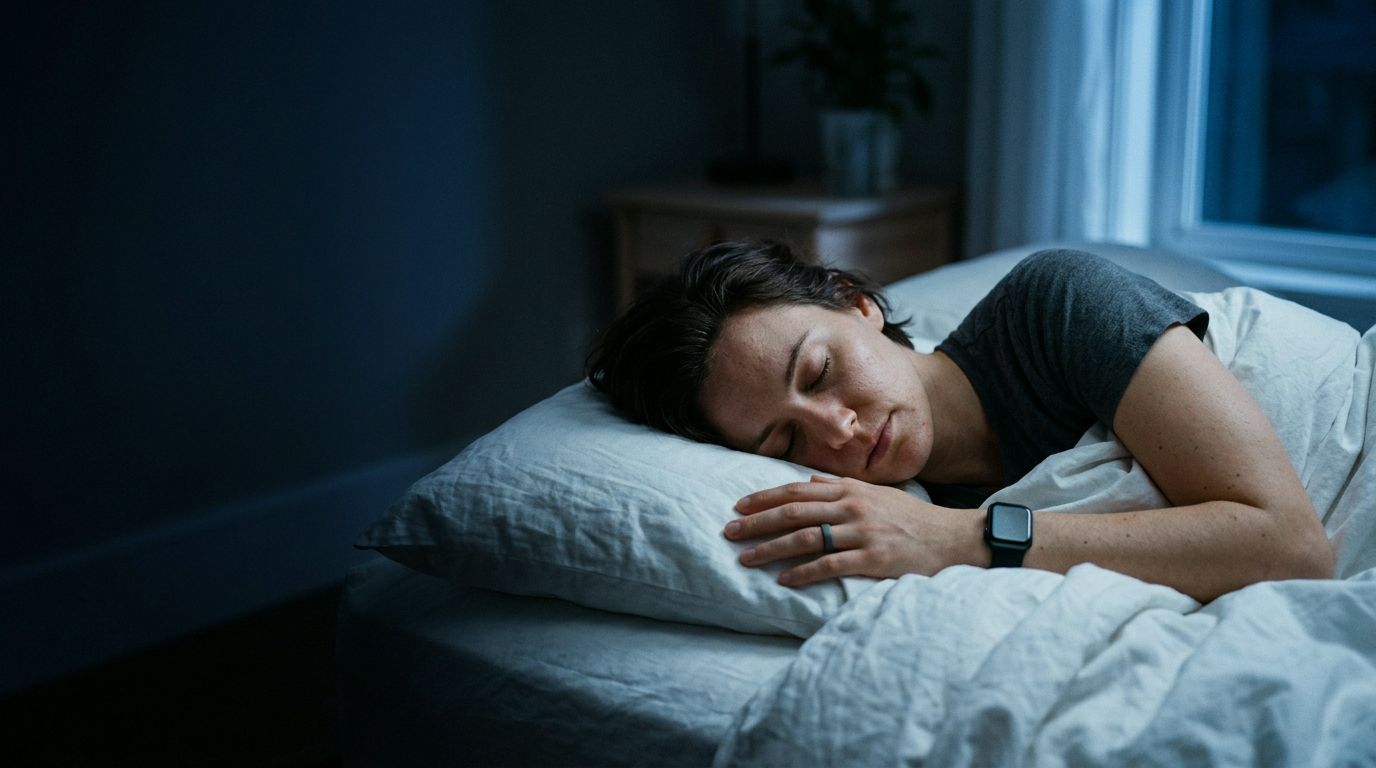 A person asleep wearing a smart ring and a sleep-tracking watch